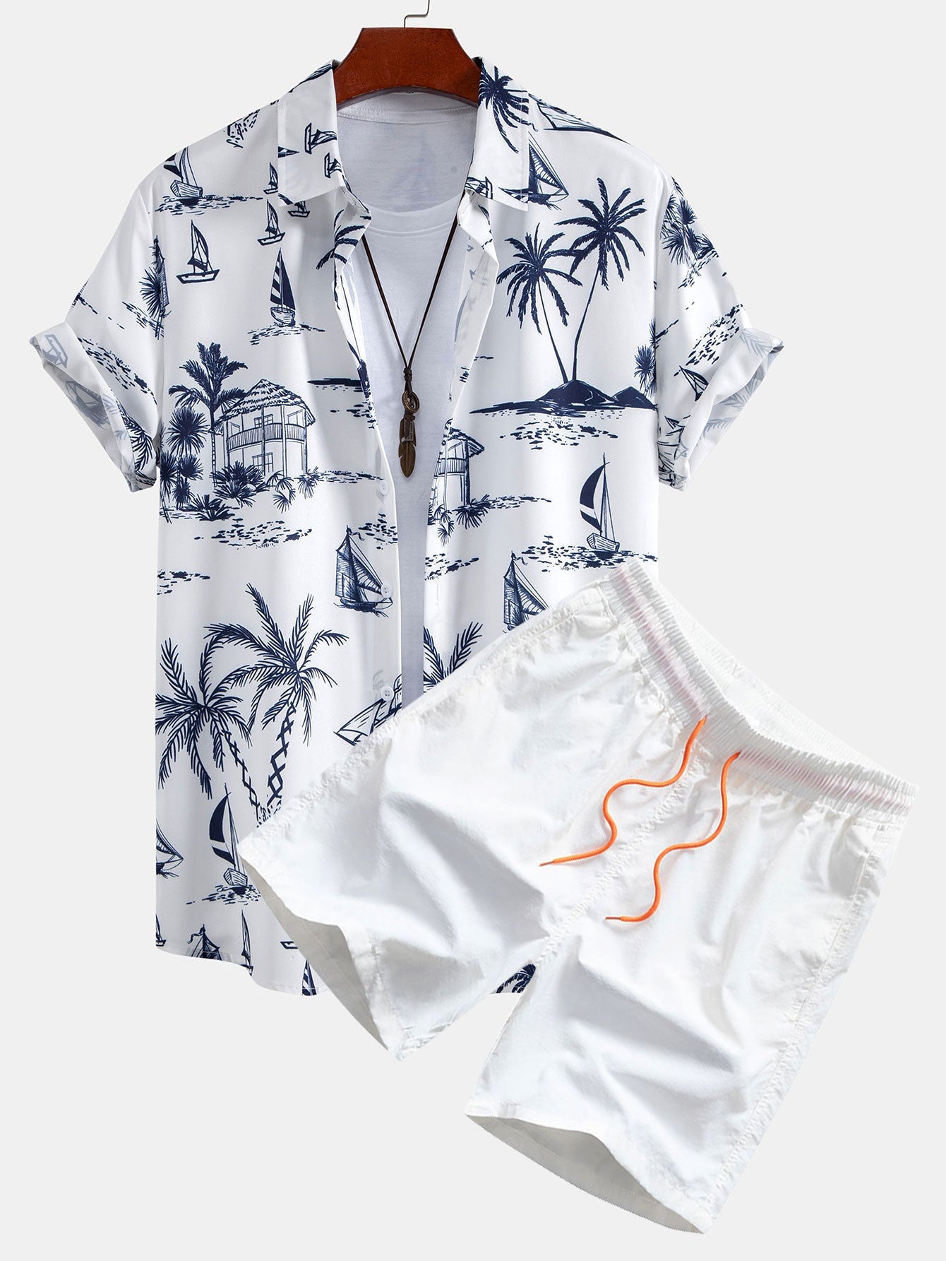 Island Sailing Print Button Up Shirt & Swim Shorts — North Row | Back View