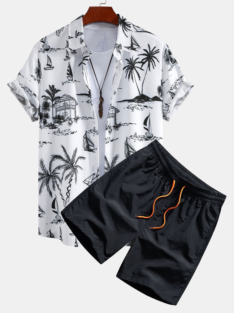 Island Sailing Print Button Up Shirt & Swim Shorts — North Row | Side View