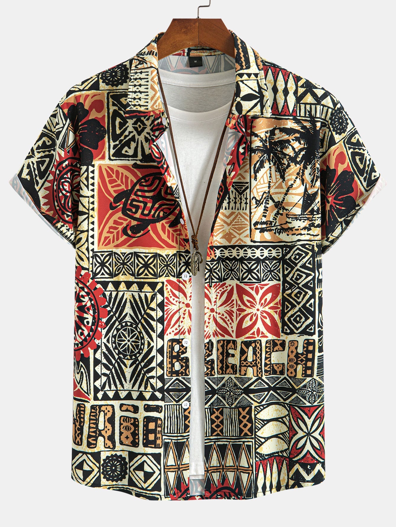 Palm Tree Turtle Ethnic Geometry Print Button Up Shirt & Swim Shorts — North Row | Side View