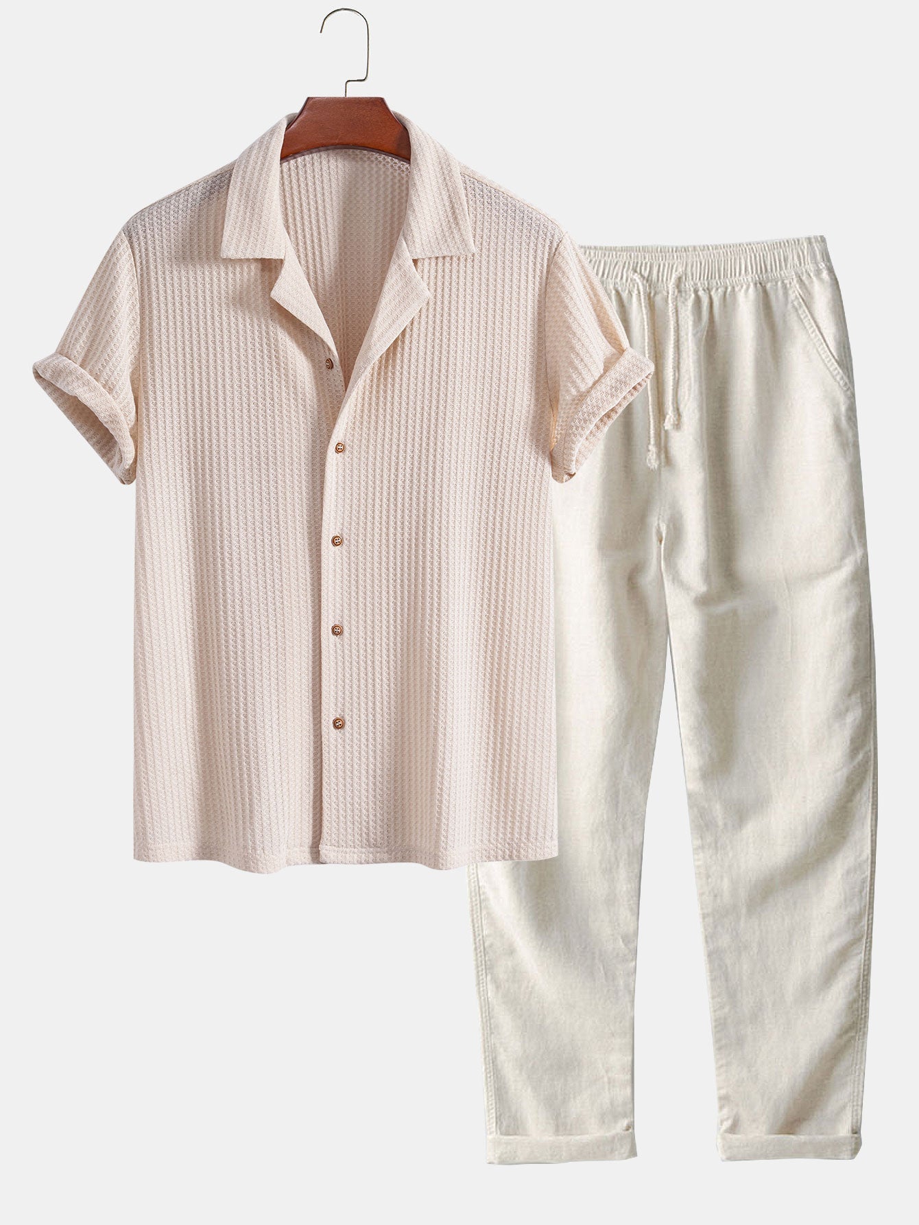 Short Sleeve Knitted Waffle Cuban Shirt & Straight Leg Linen Pants — North Row | Side View