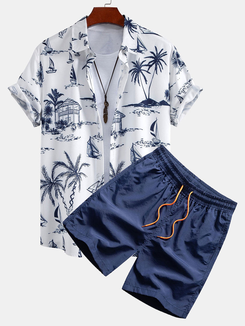 Island Sailing Print Button Up Shirt & Swim Shorts — North Row | Front View