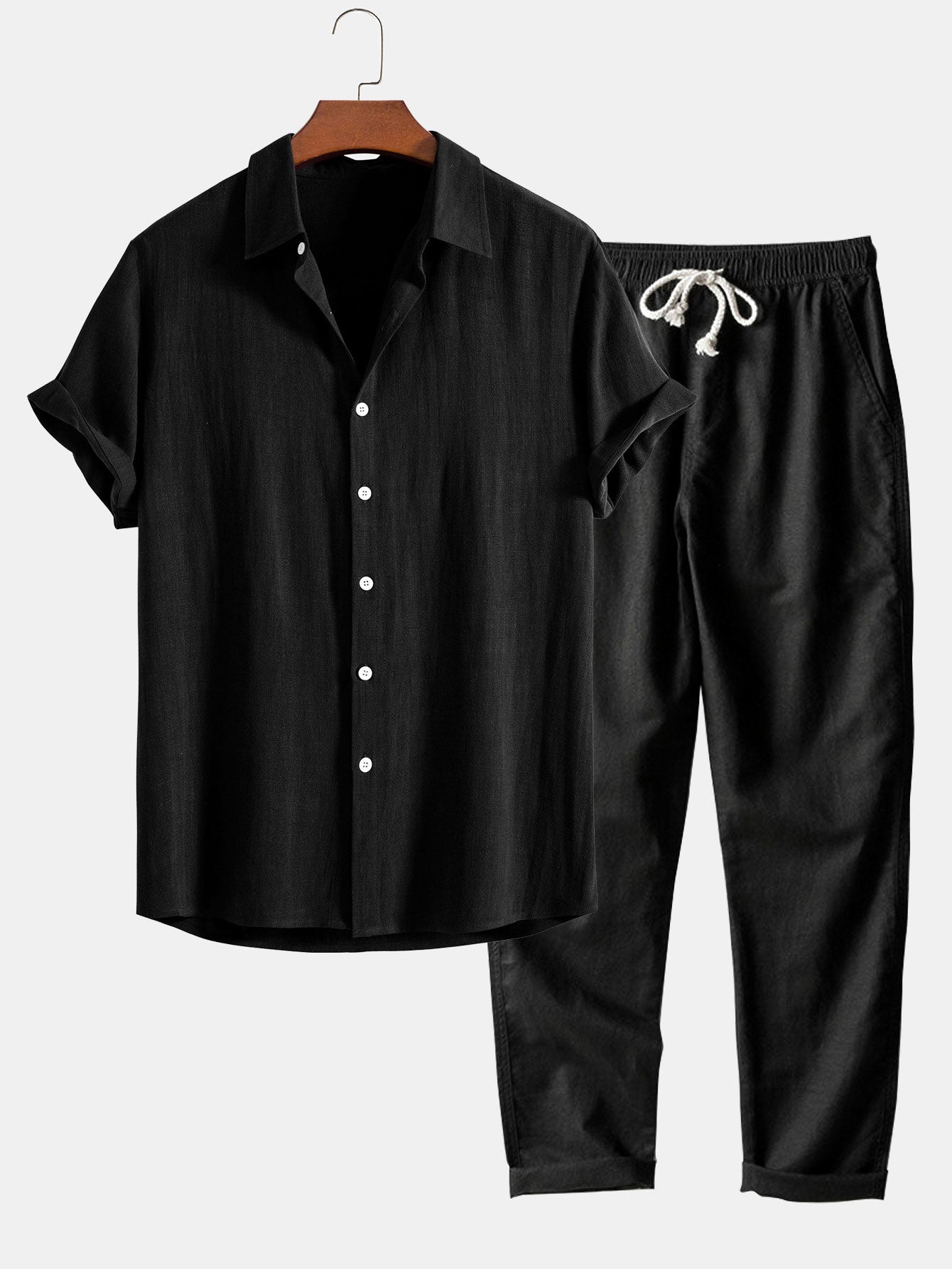 Linen Rayon Blend Button Up Shirt & Straight Leg Linen Pants — North Row | Close-Up