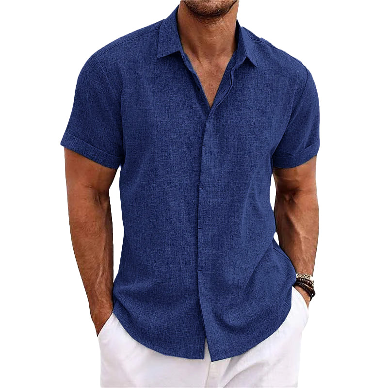 【24-hour shipping out】Men's Solid Color Lapel Cotton Linen Short Sleeve Shirt 82339241X — North Row | Detail View