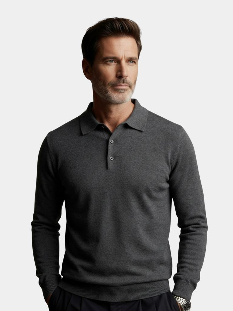 Wool Knit Button Up Polo Pullover — North Row | Front View