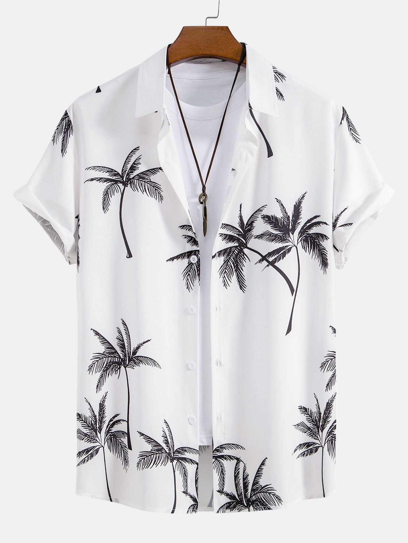 Palm Tree Print Button Up Shirt & Striped Print Swim Shorts — North Row | Side View