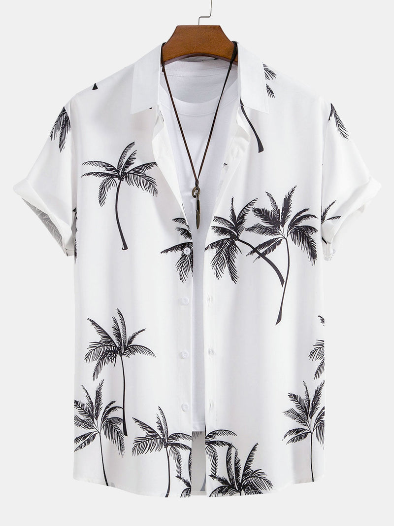 Palm Tree Print Button Up Shirt & Striped Print Swim Shorts — North Row | Side View