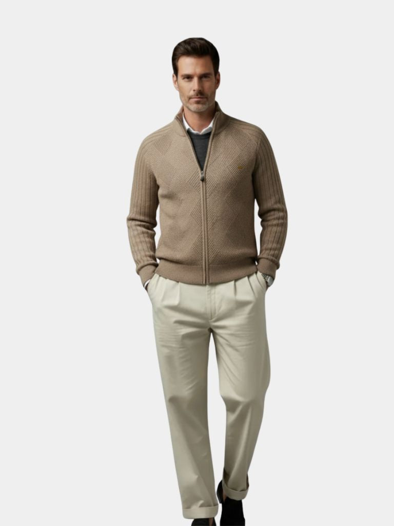 Knit Zipper Jacquard Solid Color Cardigan Sweater - North Row