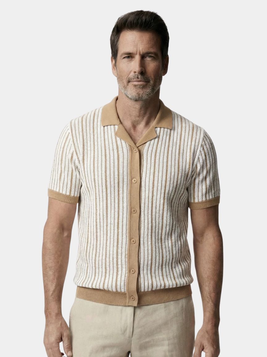 Striped Knit Polo Shirt — North Row | Front View
