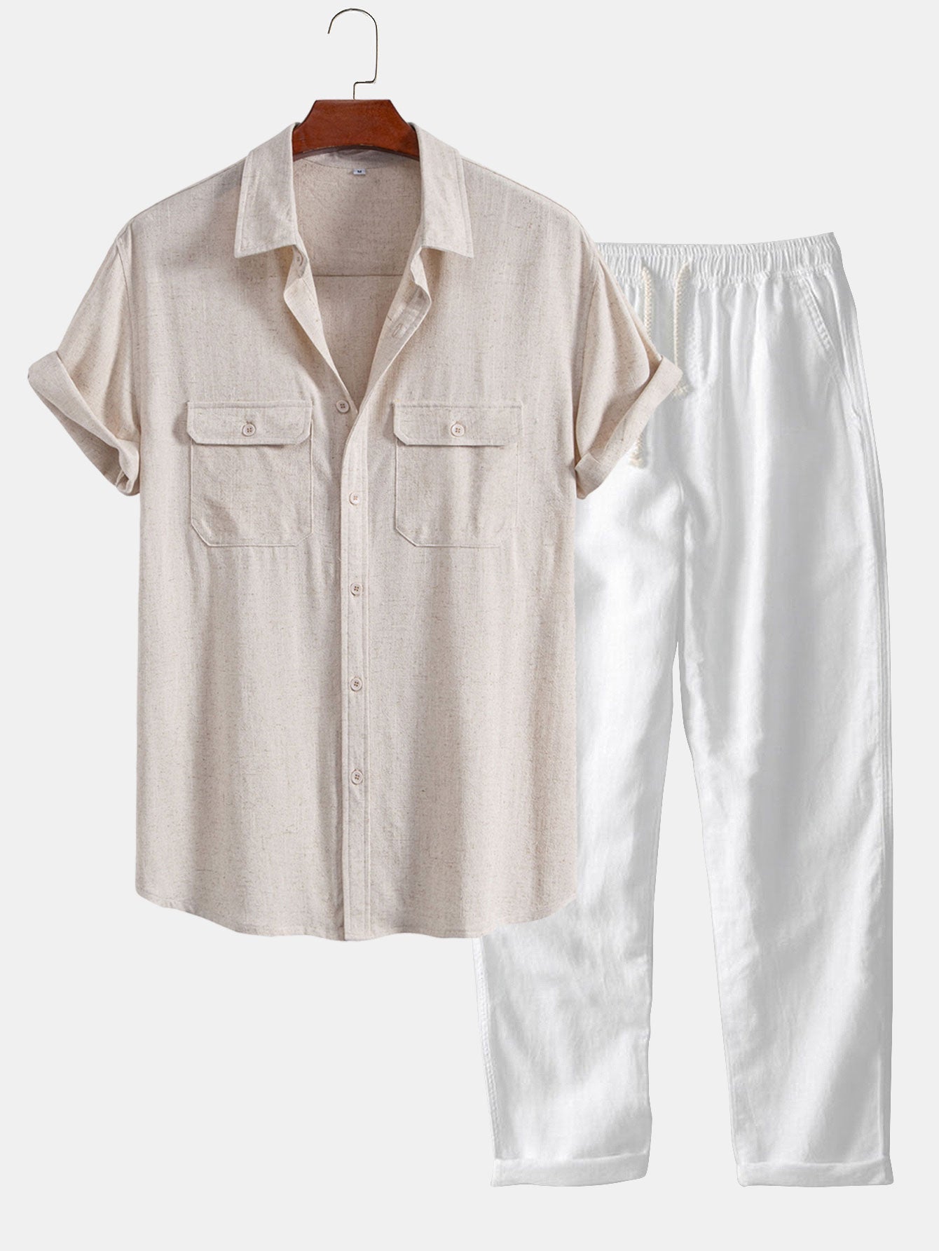 Linen Rayon Blend Pocket Utility Shirt & Straight Leg Linen Pants — North Row | Back View