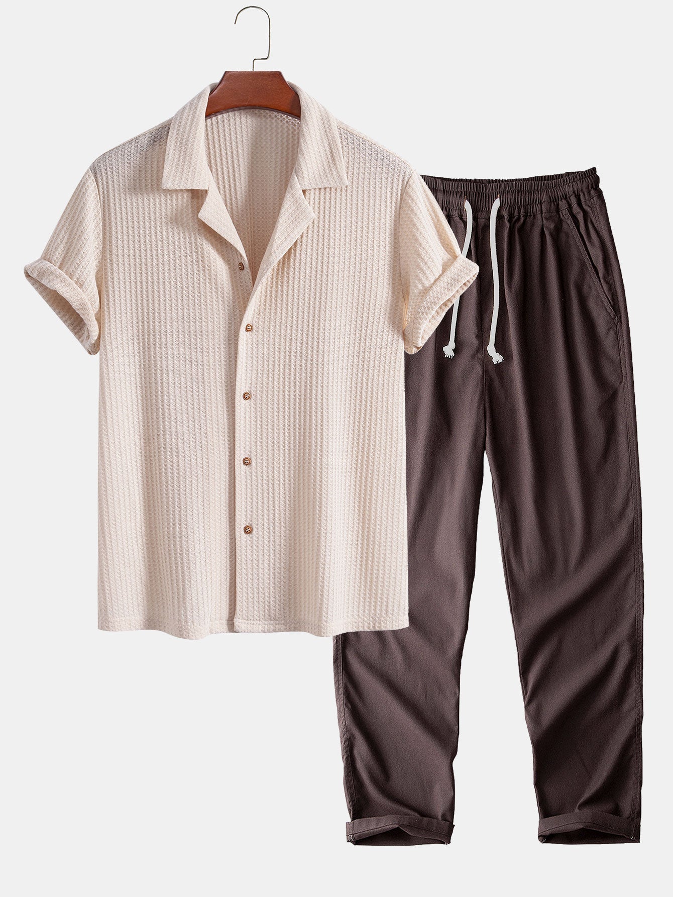 Short Sleeve Knitted Waffle Cuban Shirt & Straight Leg Linen Pants — North Row | Back View