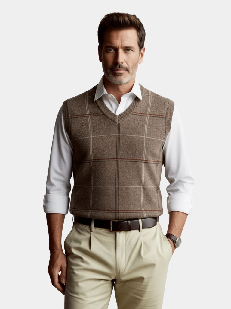Academic Checkered Knit Vest — North Row | Front View