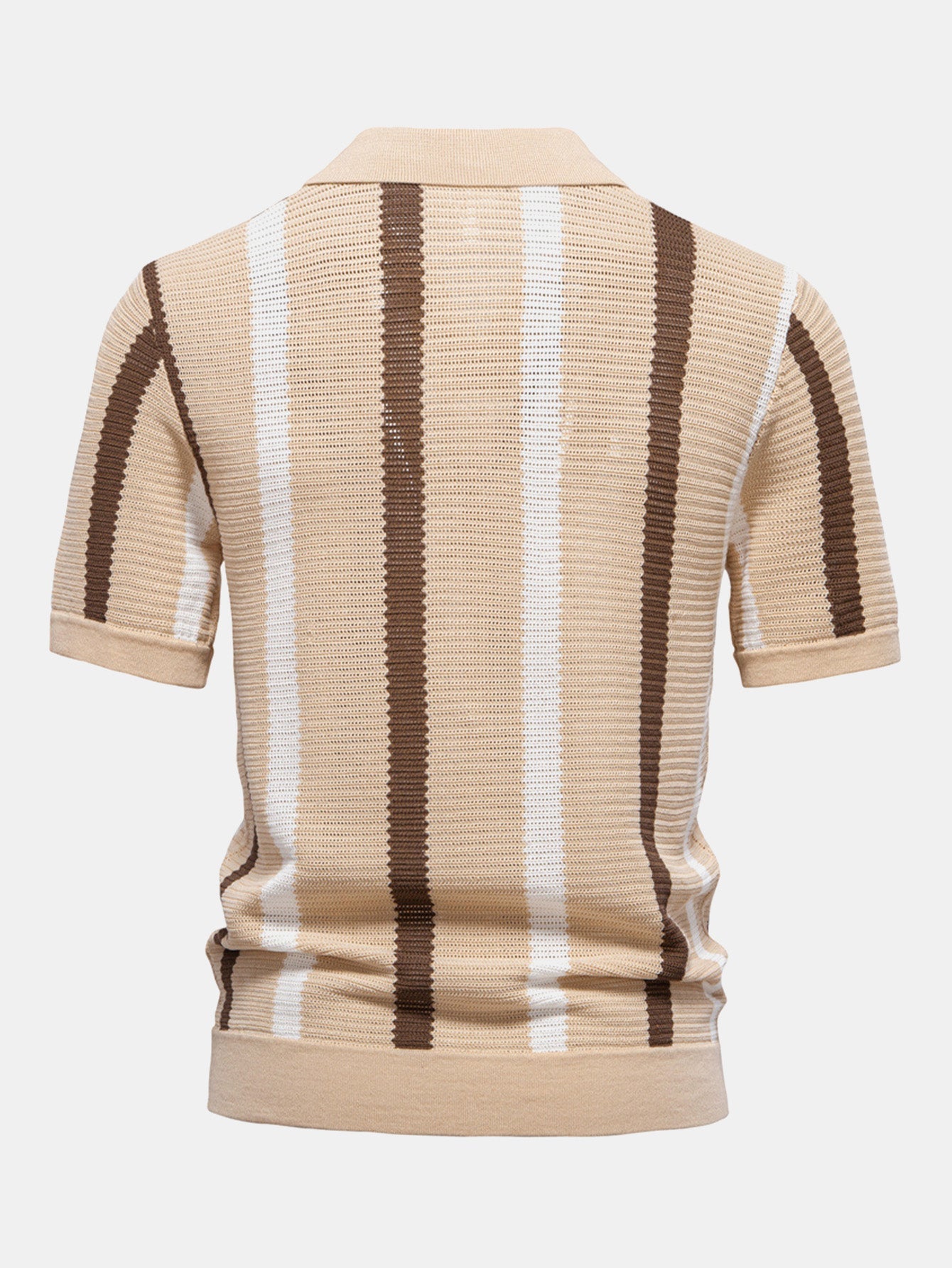 Stripe Knit V Neck Polo Shirt & Straight Leg Linen Pants — North Row | Collar Detail