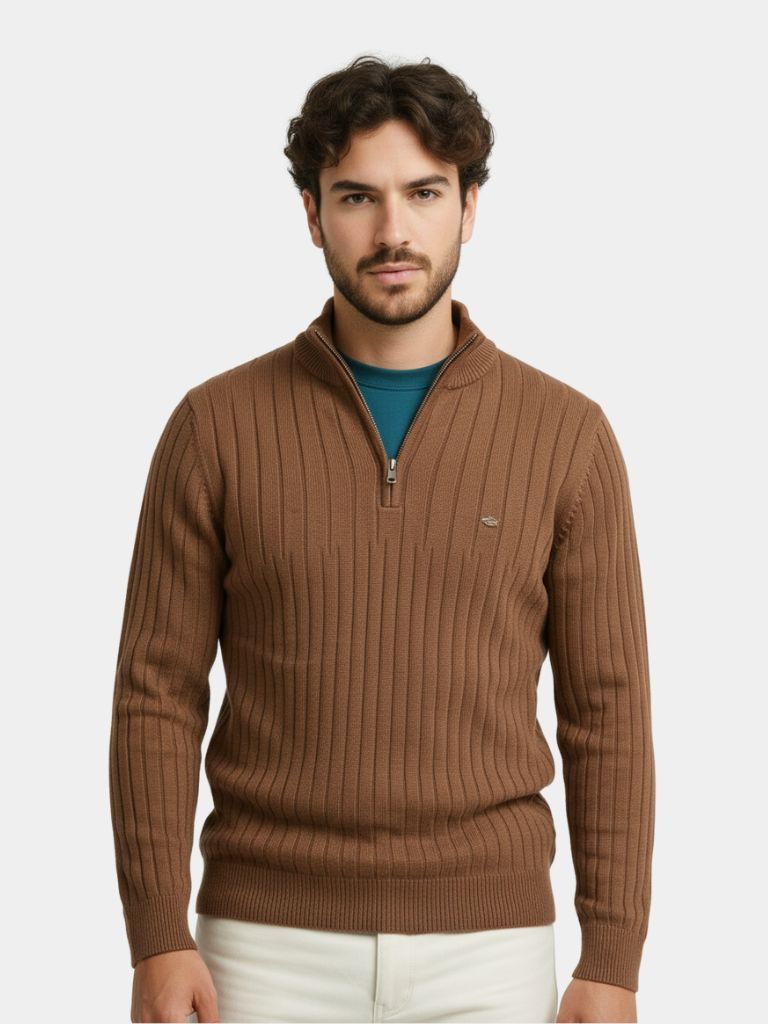 Cotton Knit Vertical Stripes Quarter-Zip Sweater — North Row | Front View