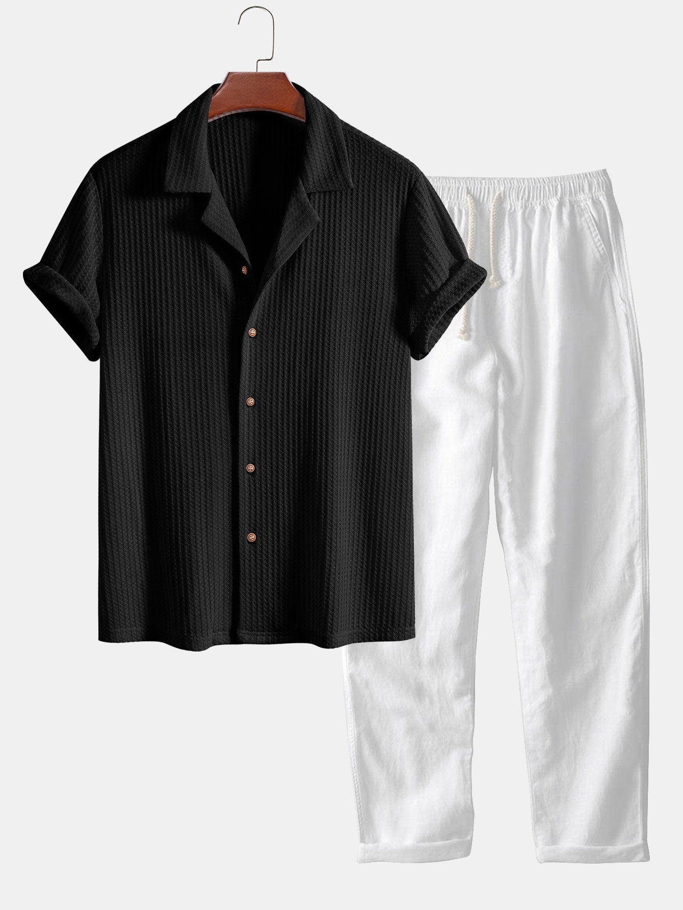 Short Sleeve Knitted Waffle Cuban Shirt & Straight Leg Linen Pants — North Row | Detail View
