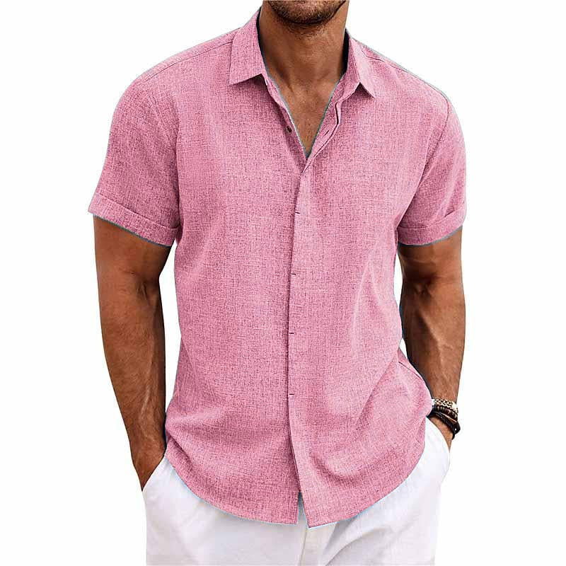 【24-hour shipping out】Men's Solid Color Lapel Cotton Linen Short Sleeve Shirt 82339241X — North Row | Flat Lay