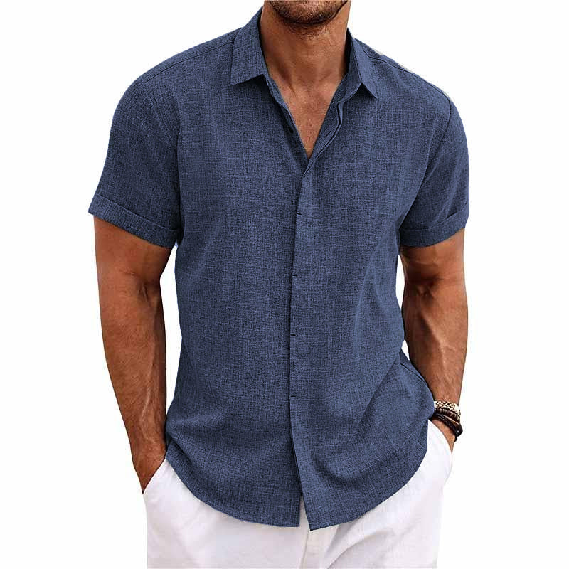 【24-hour shipping out】Men's Solid Color Lapel Cotton Linen Short Sleeve Shirt 82339241X — North Row | Side View