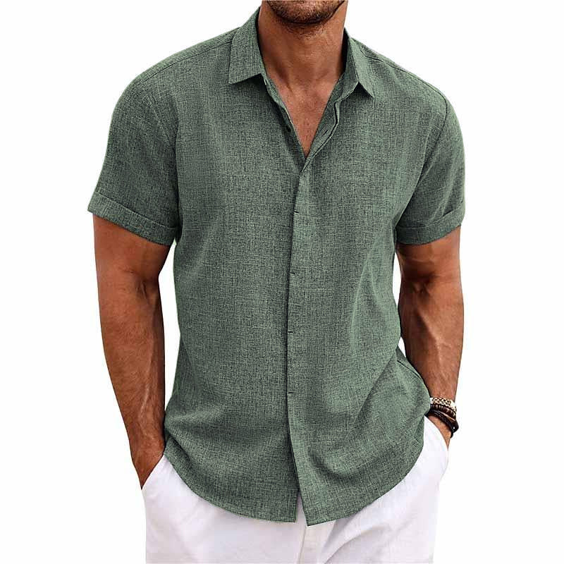 【24-hour shipping out】Men's Solid Color Lapel Cotton Linen Short Sleeve Shirt 82339241X — North Row | Texture Detail