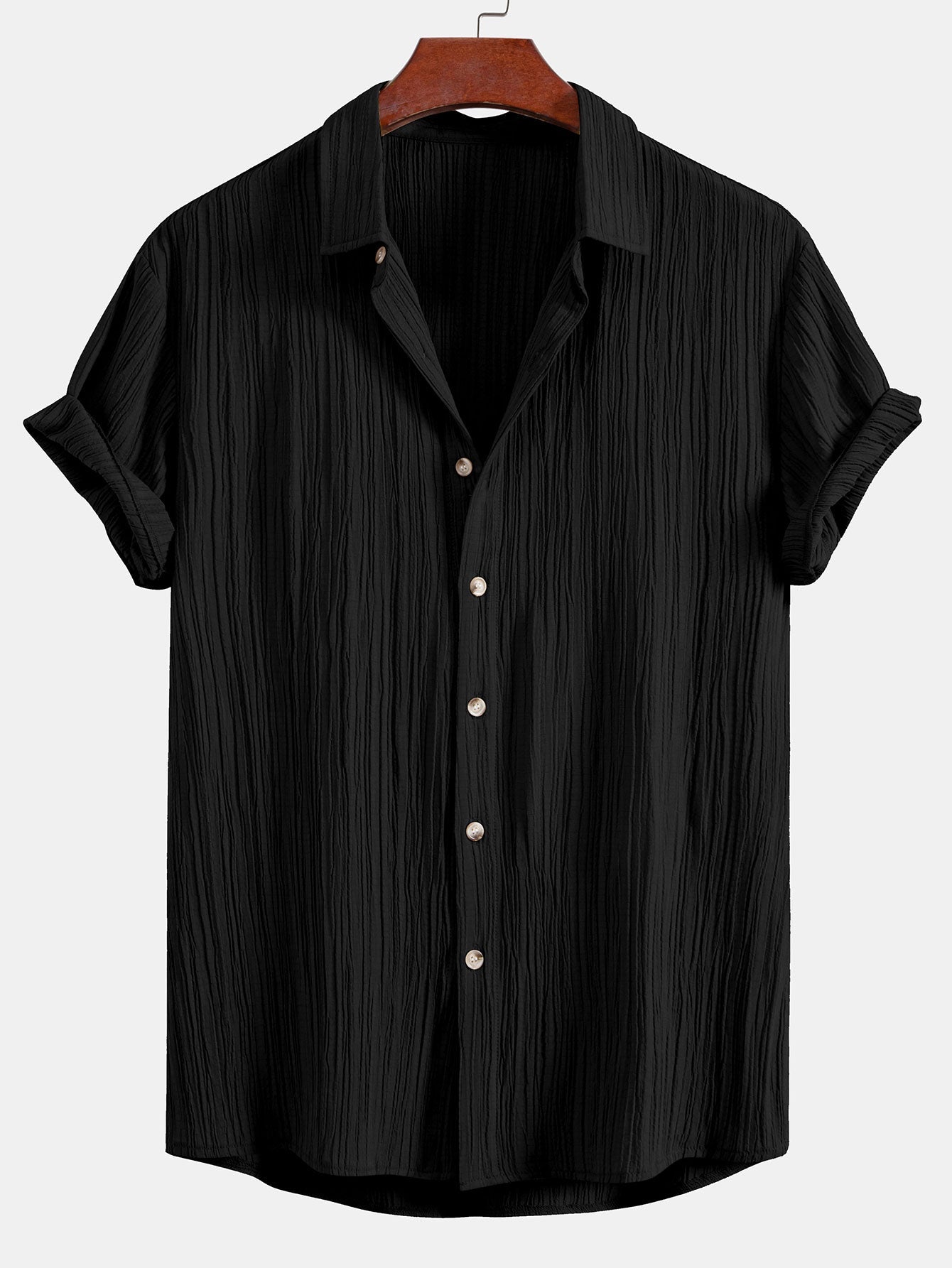 Crinkled Textured Button Up Shirt & Crinkle Textured Straight Leg Pants — North Row | Model Wearing