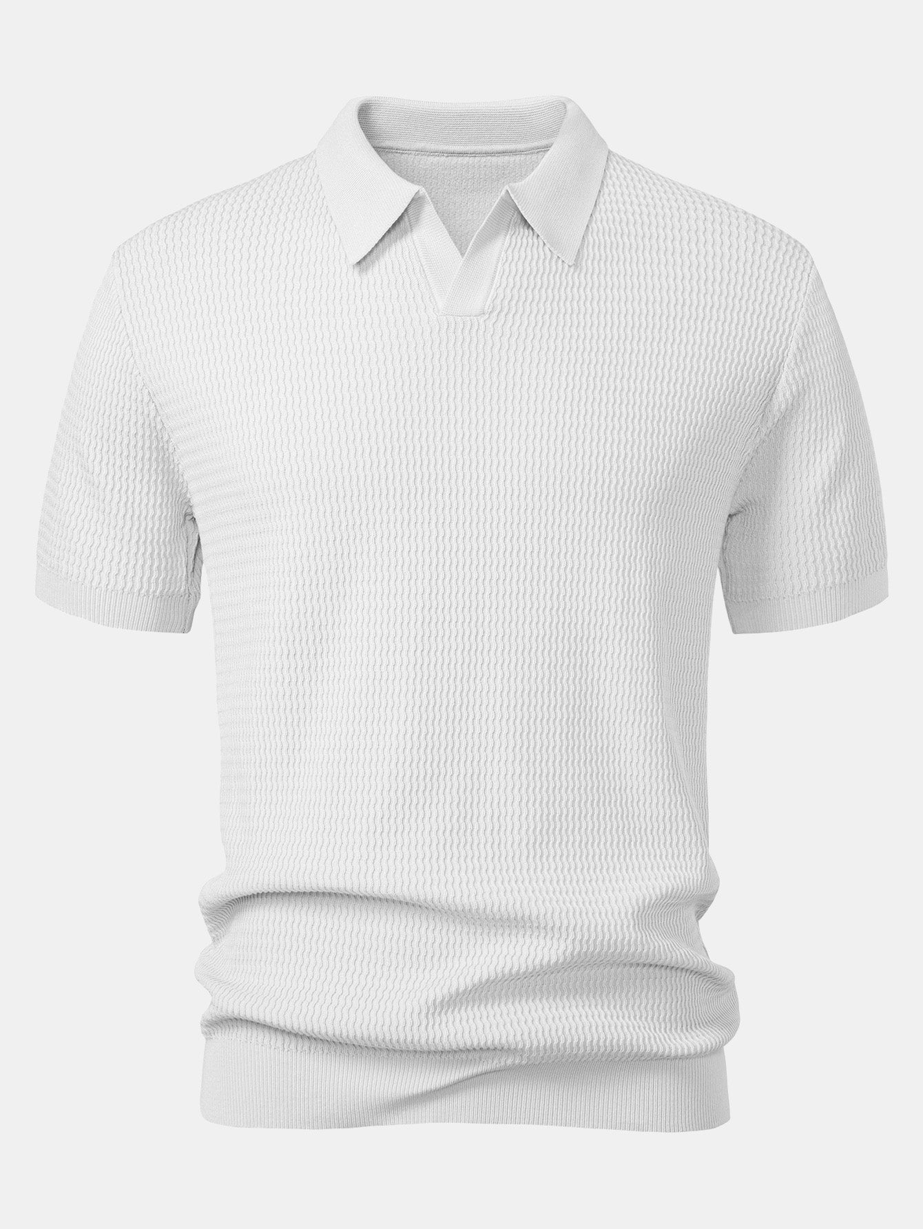 Wave Jacquard Knit V Neck Polo Shirt & Slim Fit Tapered Trousers — North Row | Full Length