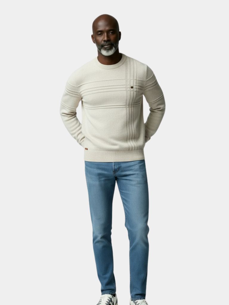 Cotton Knitted Stripped Crew Neck Pullover Sweater — North Row | Side View
