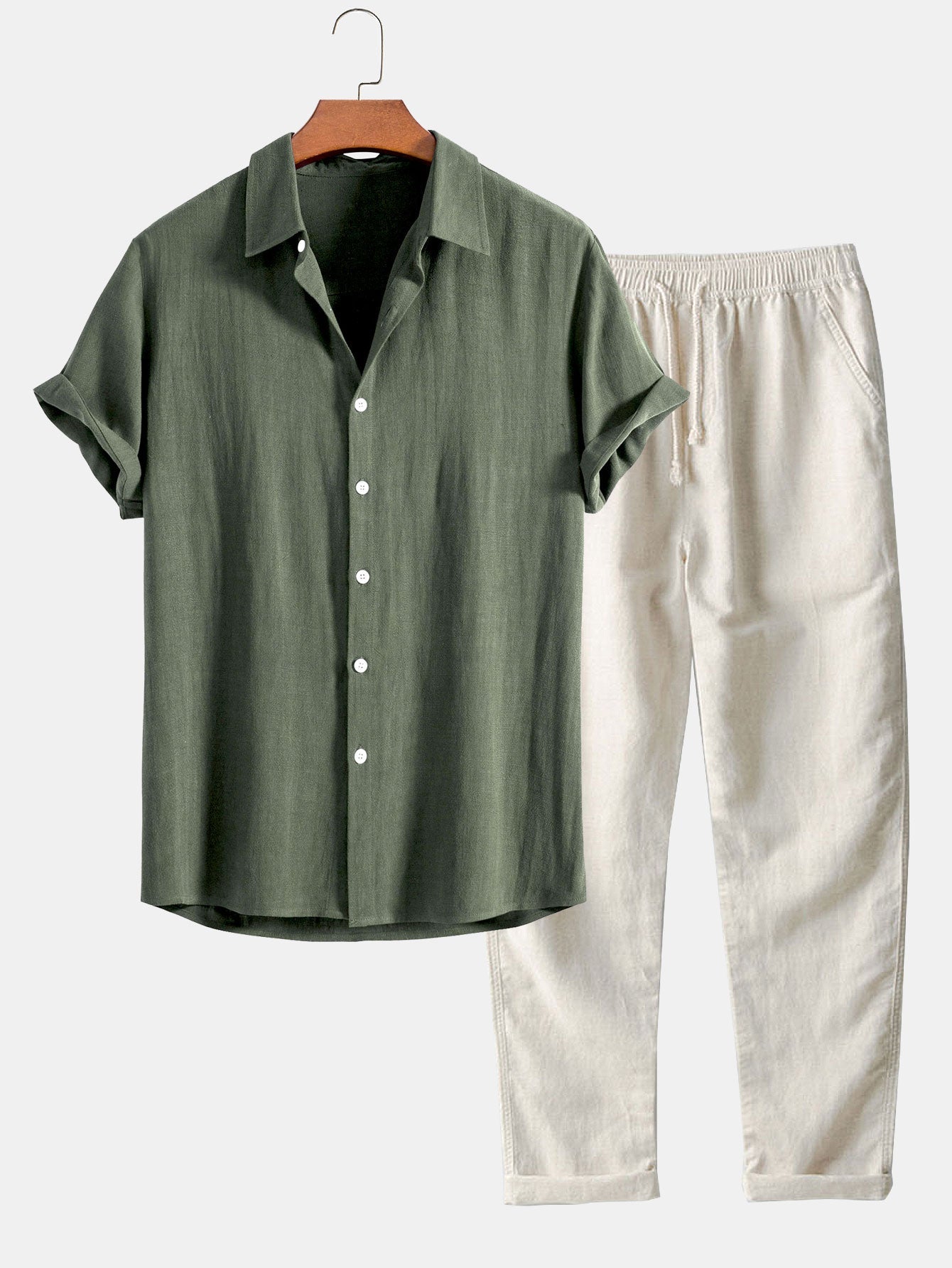 Linen Rayon Blend Button Up Shirt & Straight Leg Linen Pants — North Row | Back View