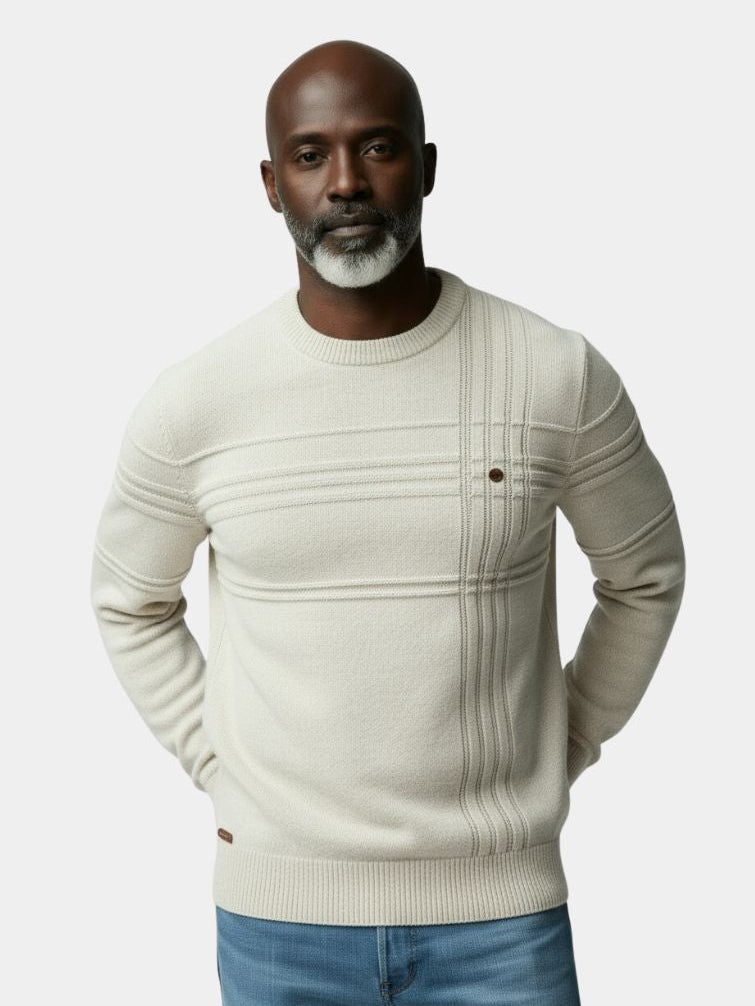 Cotton Knitted Stripped Crew Neck Pullover Sweater — North Row | Front View