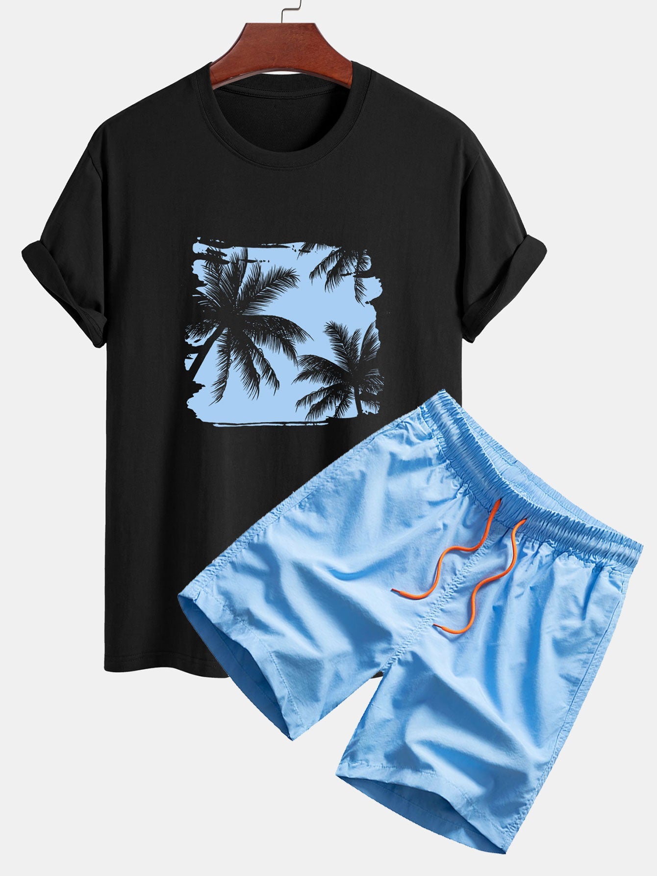 Regular Fit Palm Trees Silhouette Print Cotton T-Shirt & Swim Shorts — North Row | Close-Up
