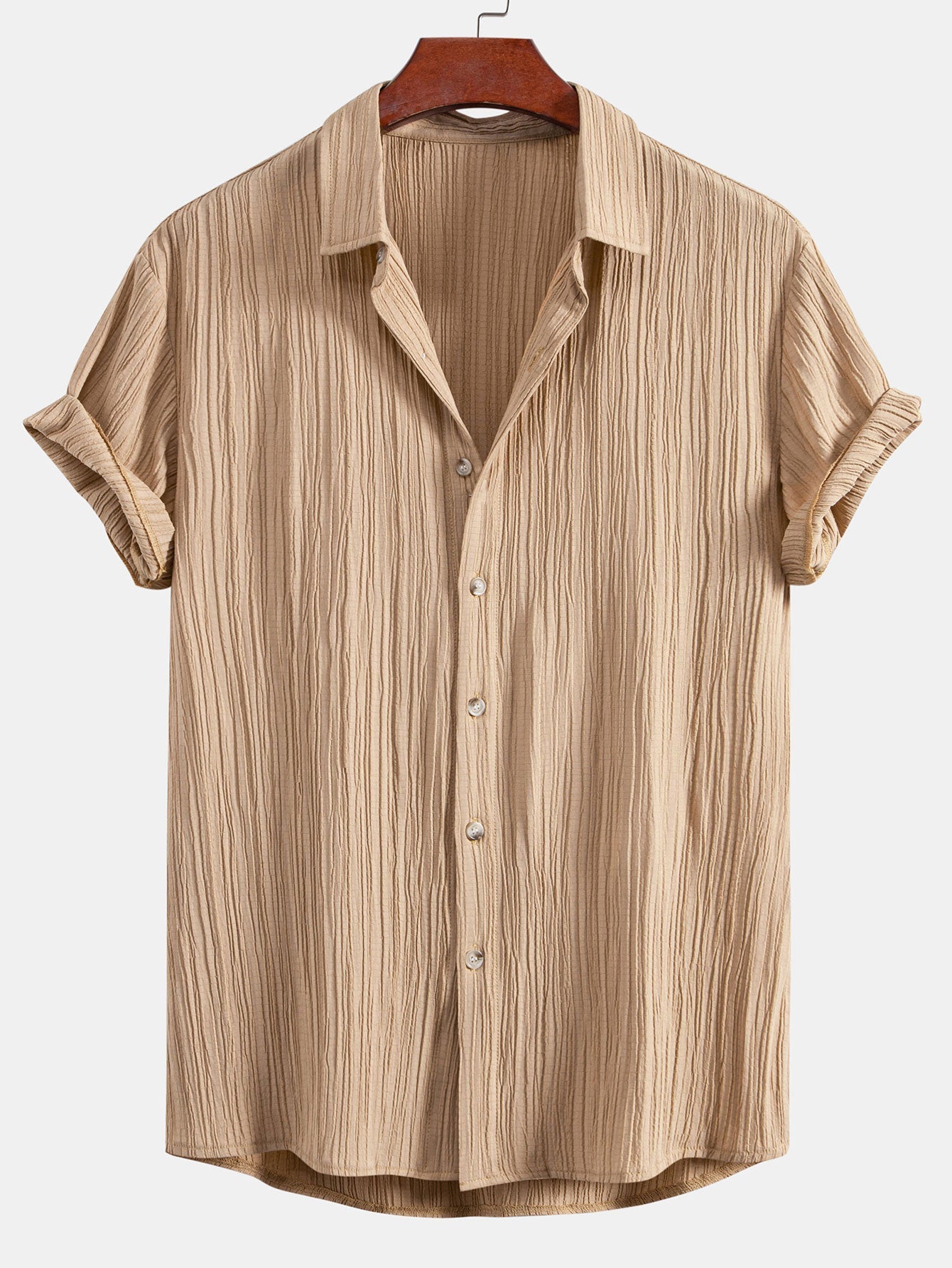 Crinkled Textured Button Up Shirt & Crinkle Textured Straight Leg Pants — North Row | Texture Detail