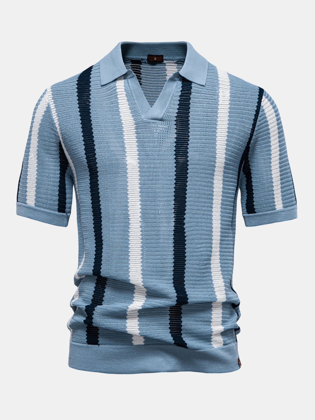 Stripe Knit V Neck Polo Shirt — North Row | Lifestyle