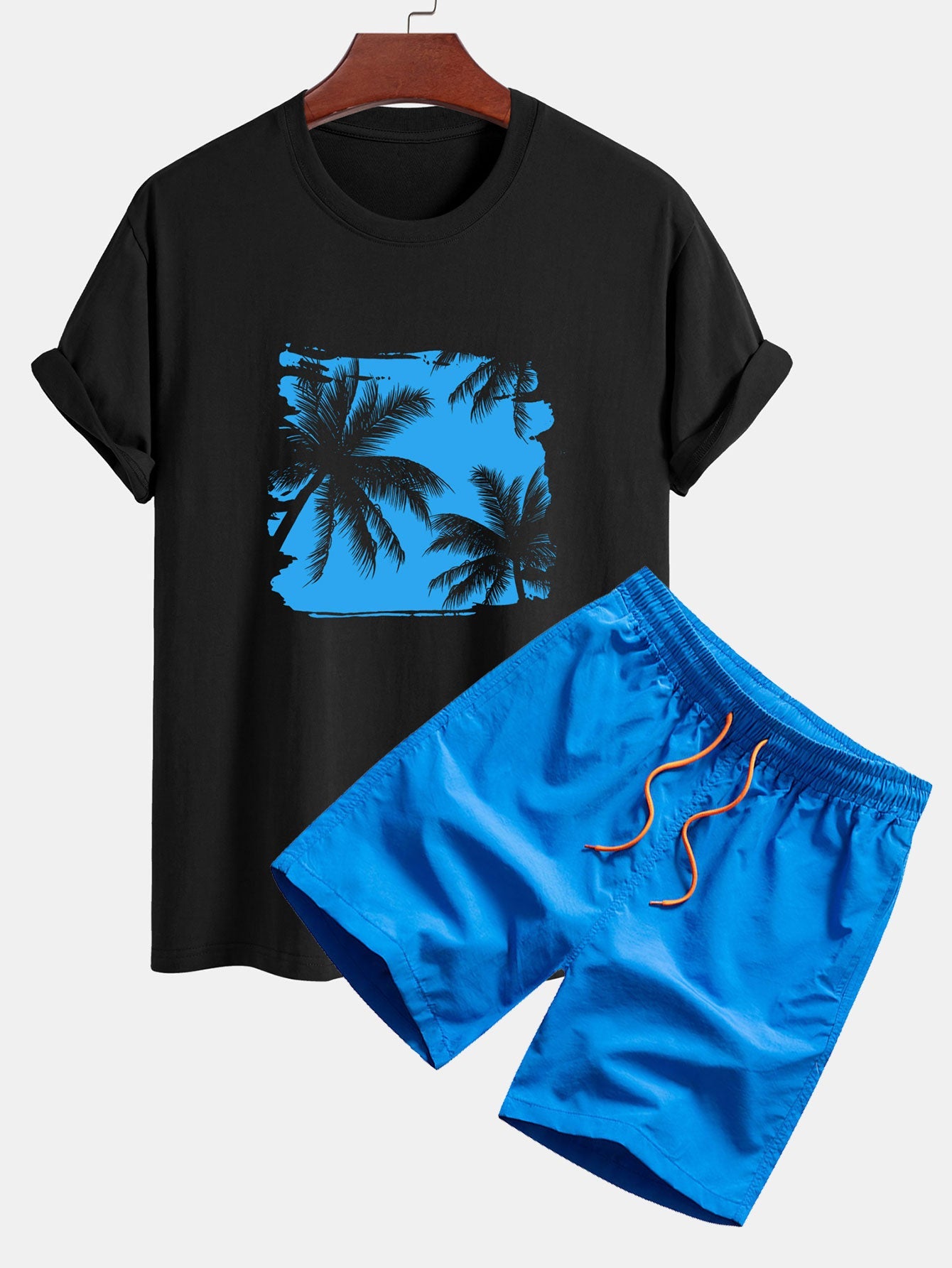 Regular Fit Palm Trees Silhouette Print Cotton T-Shirt & Swim Shorts — North Row | Flat Lay