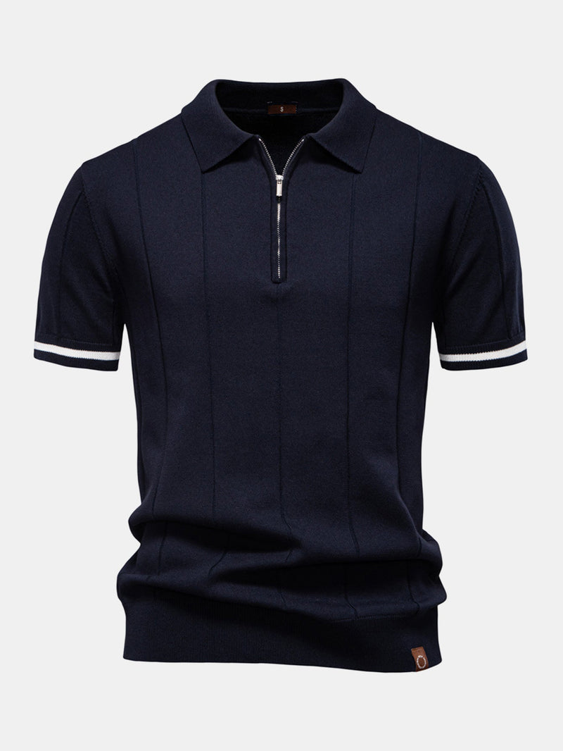 Contrast Trim Zipper Knit Polo Shirt & Slim Fit Tapered Trousers — North Row | Side View