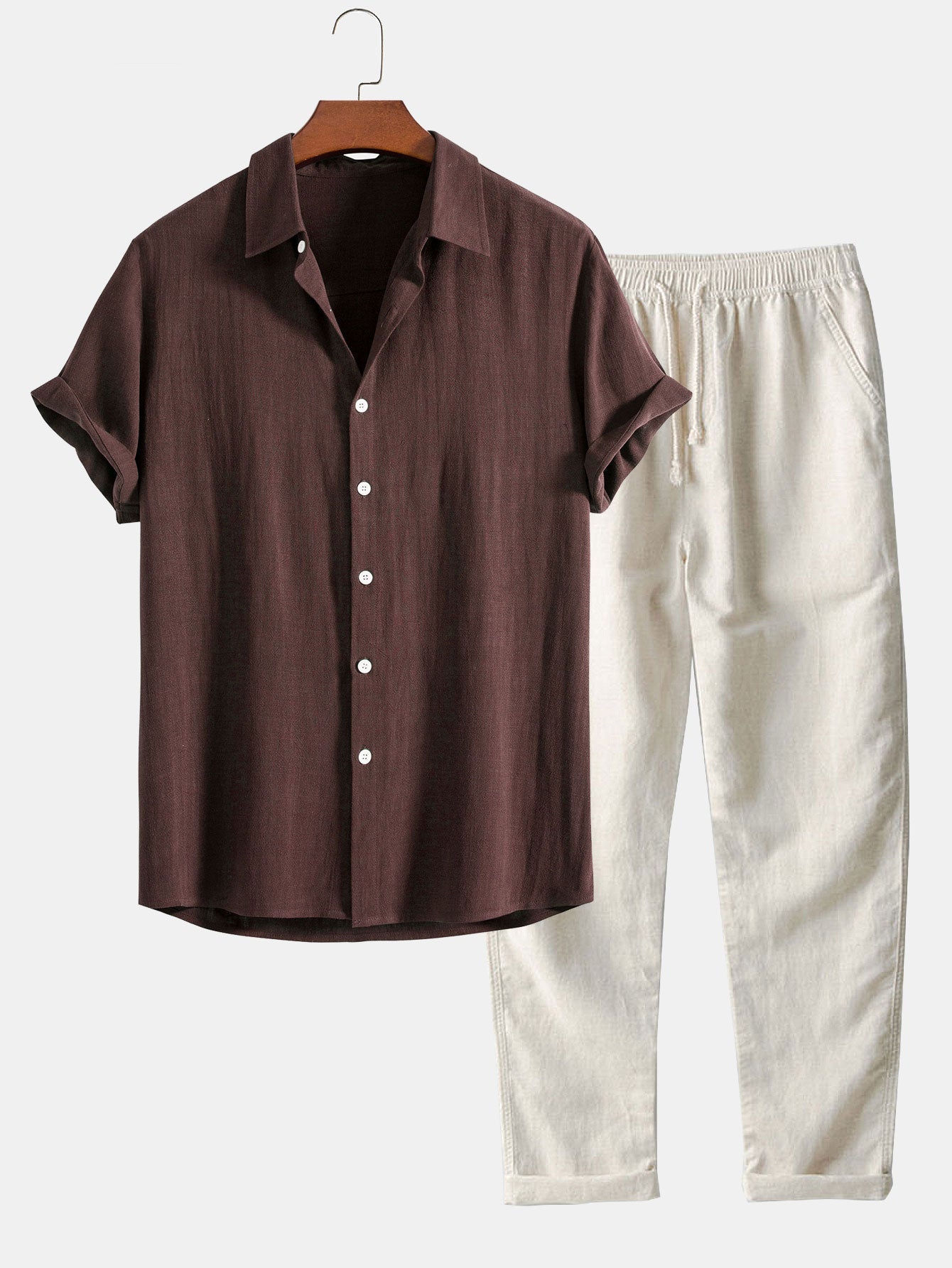 Linen Rayon Blend Button Up Shirt & Straight Leg Linen Pants — North Row | Side View