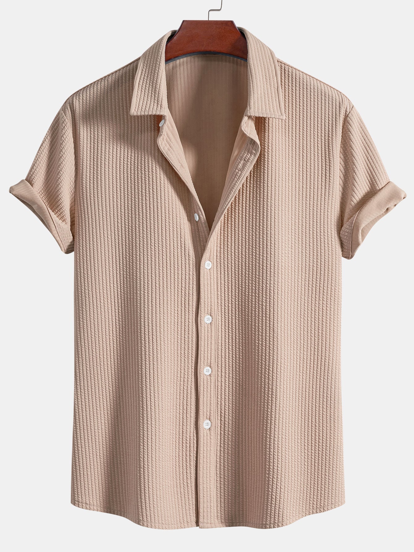 Muscle Fit Ribbed Button Up Shirt — North Row | Close-Up
