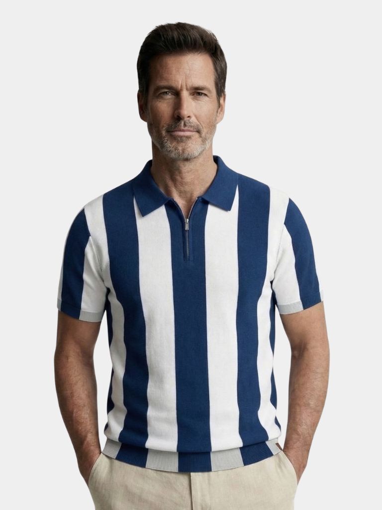 Navy Stripe Polo — North Row | Front View