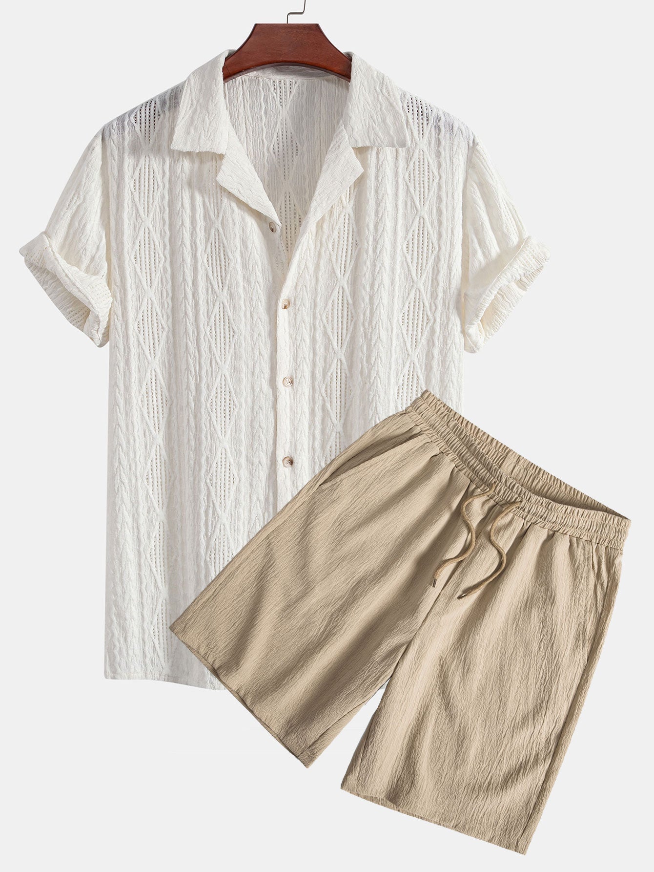 Geometric Jacquard Eyelet Cuban Shirt & Crinkled Textured Drawstring Shorts — North Row | Side View