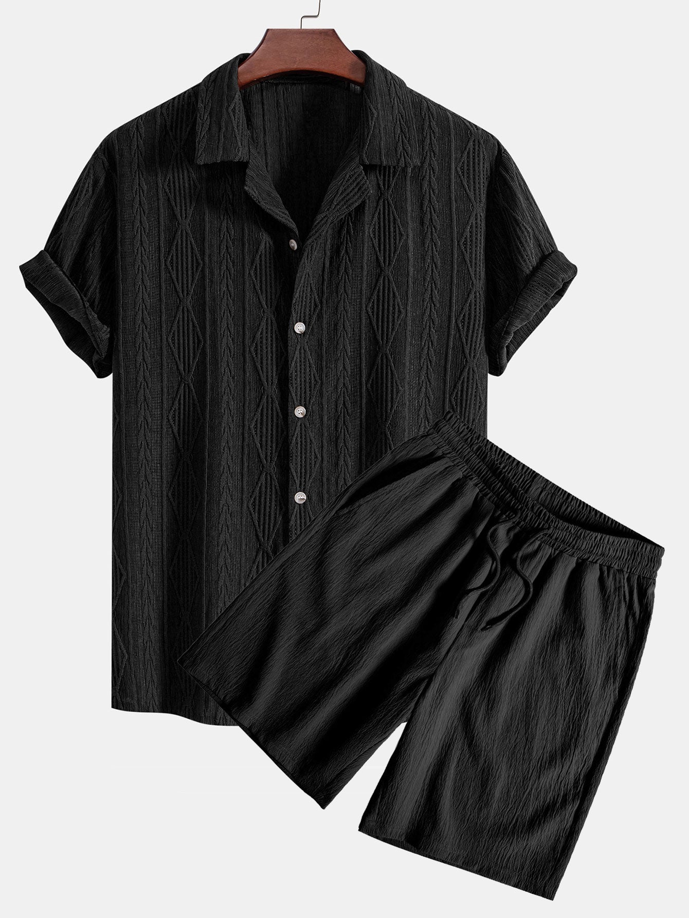 Geometric Jacquard Eyelet Cuban Shirt & Crinkled Textured Drawstring Shorts — North Row | Back View