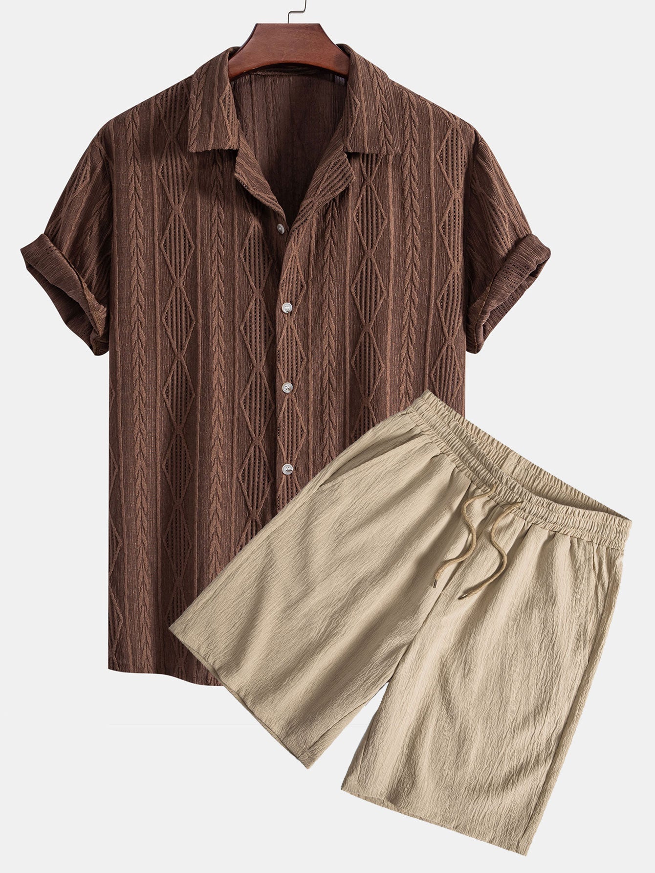 Geometric Jacquard Eyelet Cuban Shirt & Crinkled Textured Drawstring Shorts — North Row | Front View