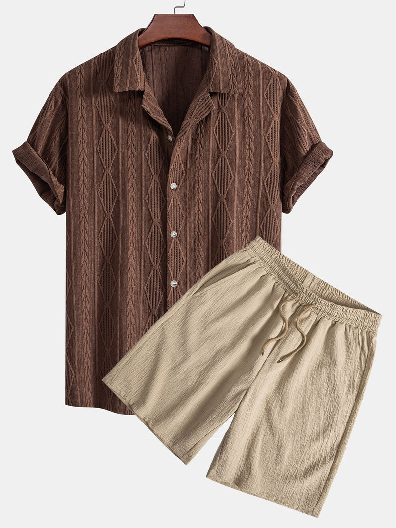 Geometric Jacquard Eyelet Cuban Shirt & Crinkled Textured Drawstring Shorts — North Row | Front View
