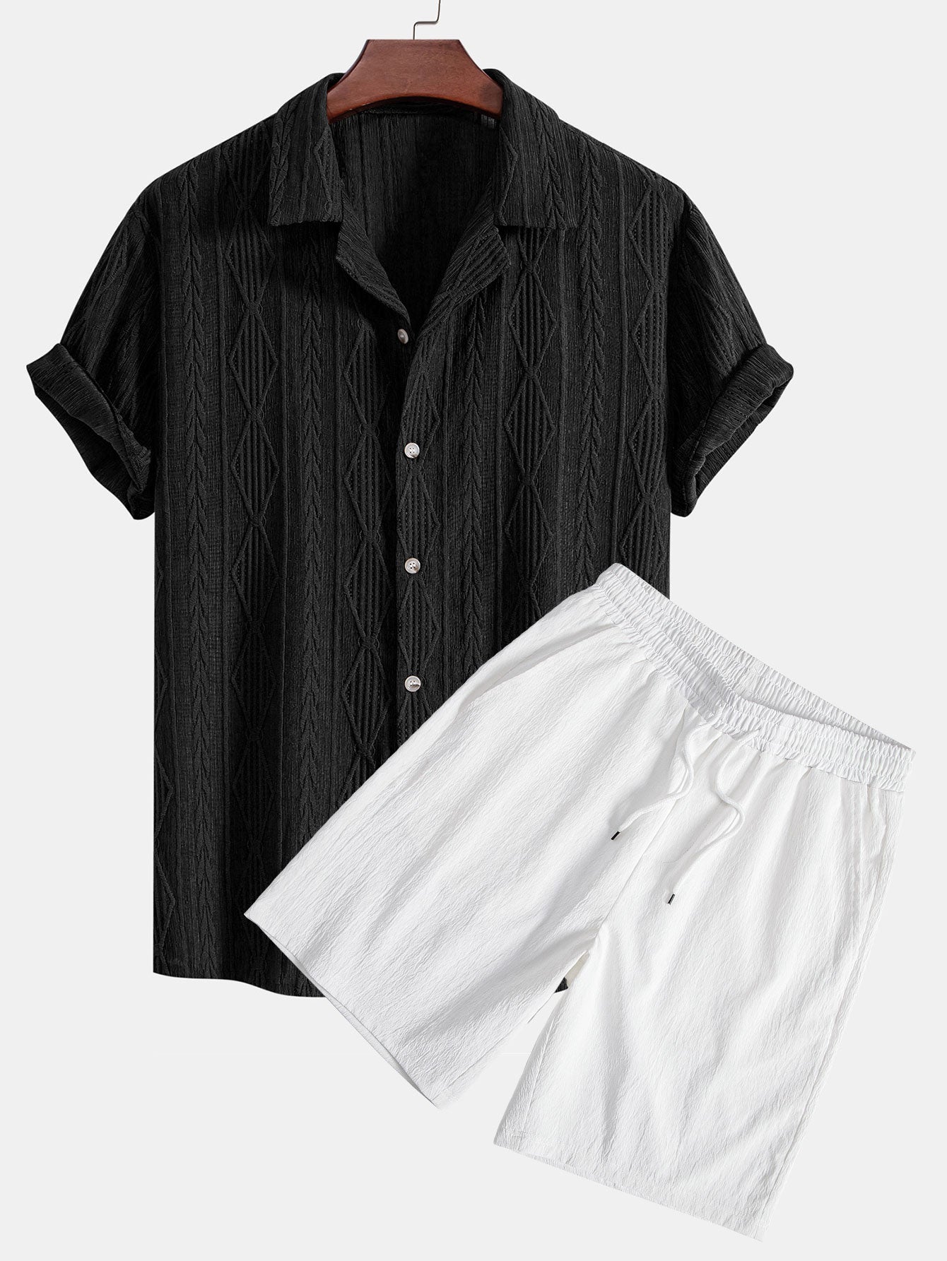 Geometric Jacquard Eyelet Cuban Shirt & Crinkled Textured Drawstring Shorts — North Row | Detail View