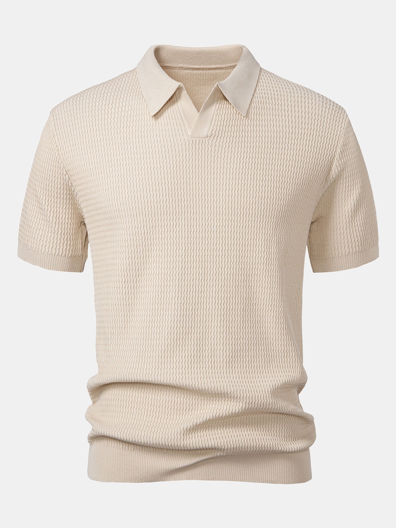 Wave Jacquard Knit V Neck Polo Shirt & Slim Fit Tapered Trousers — North Row | Close-Up