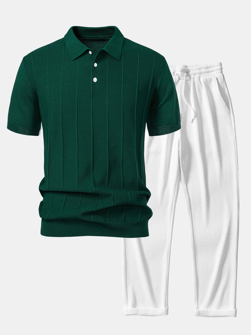 Stripe Jacquard Knit Polo Shirt & Straight Leg Ribbed Pants — North Row | Front View