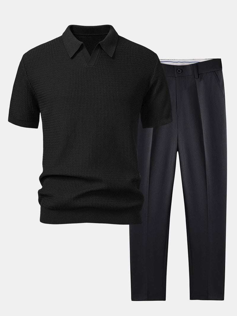 Wave Jacquard Knit V Neck Polo Shirt & Slim Fit Tapered Trousers — North Row | Side View
