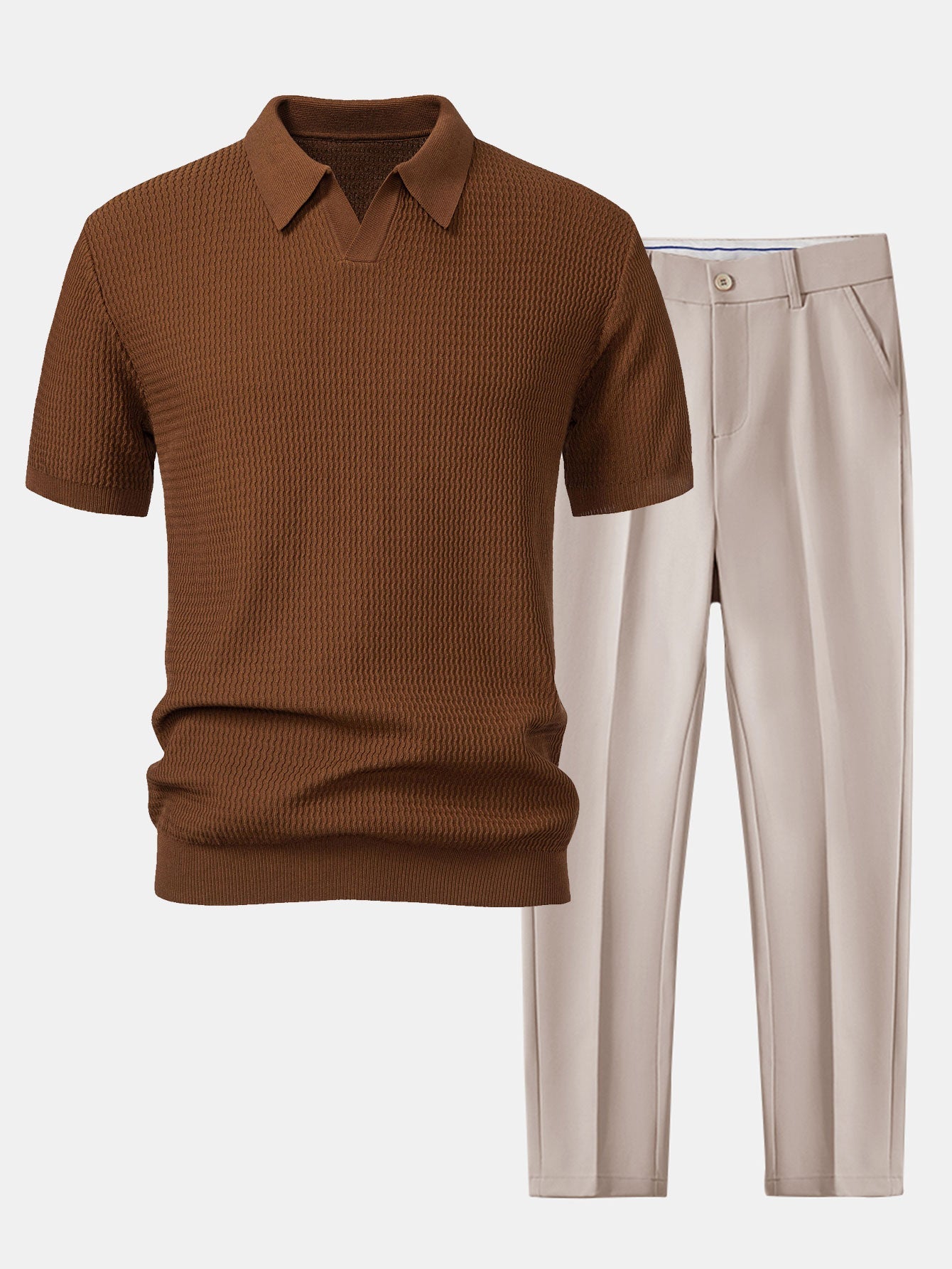 Wave Jacquard Knit V Neck Polo Shirt & Slim Fit Tapered Trousers — North Row | Detail View