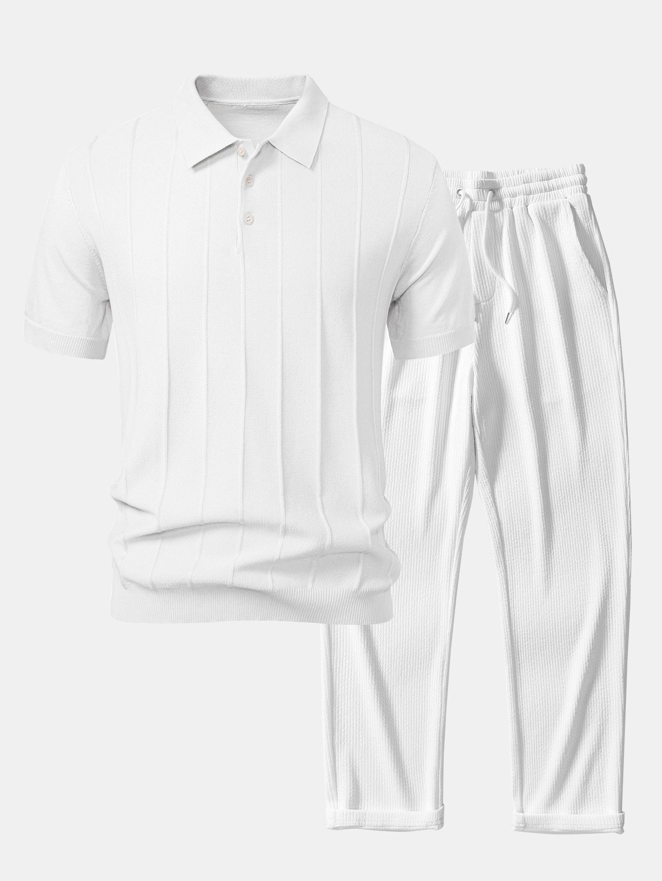Stripe Jacquard Knit Polo Shirt & Straight Leg Ribbed Pants — North Row | Detail View
