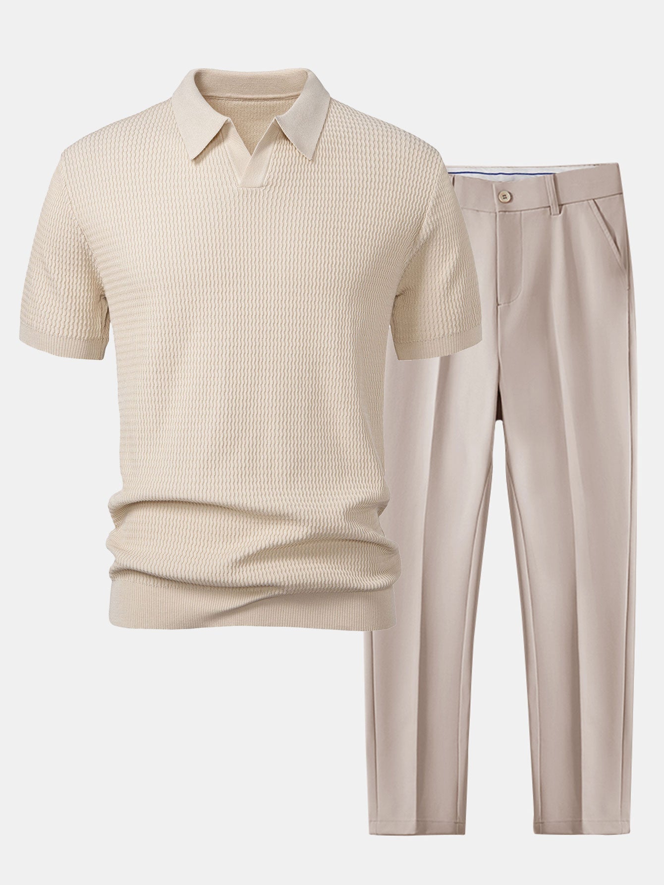 Wave Jacquard Knit V Neck Polo Shirt & Slim Fit Tapered Trousers — North Row | Front View
