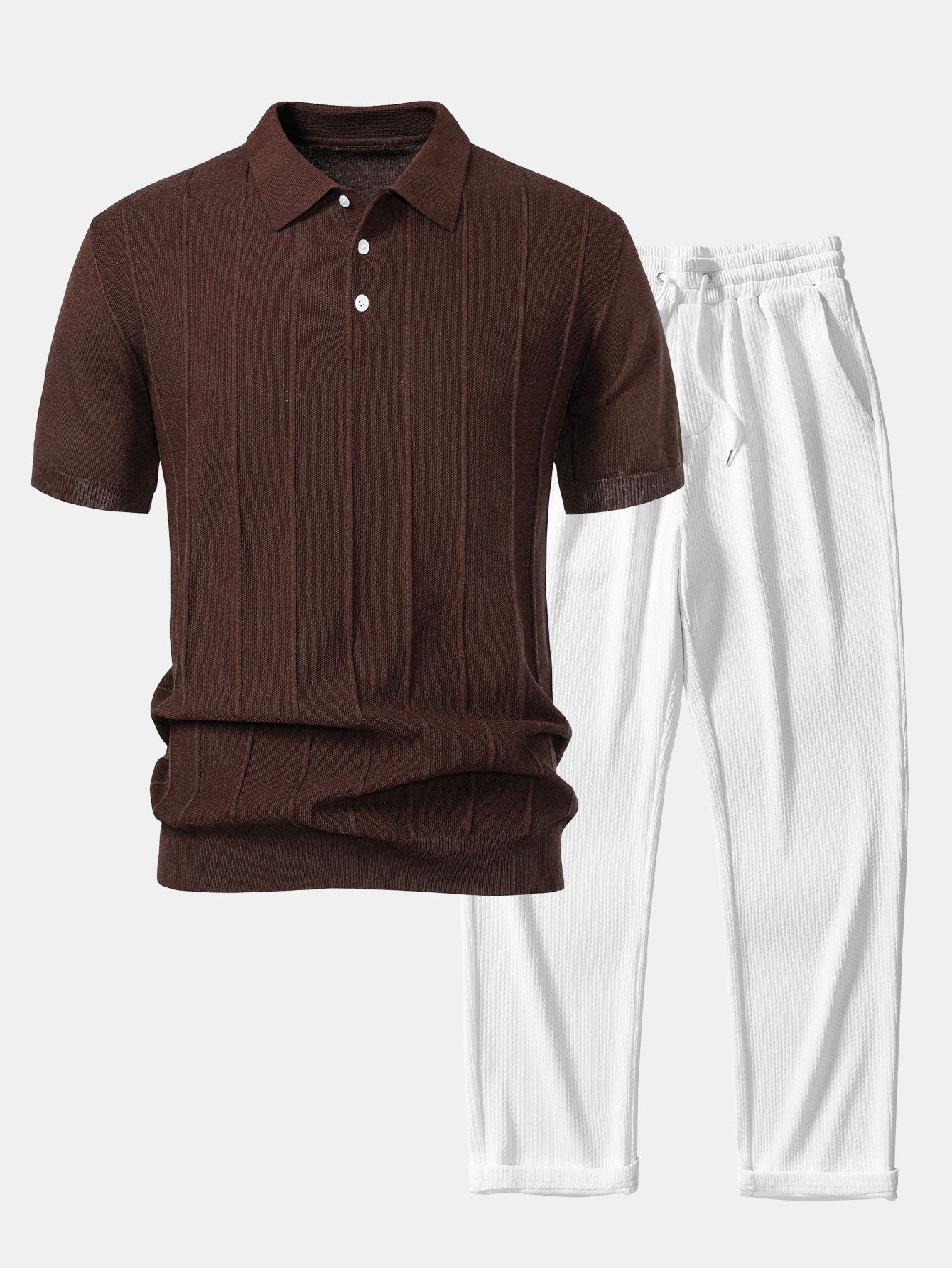 Stripe Jacquard Knit Polo Shirt & Straight Leg Ribbed Pants — North Row | Lifestyle