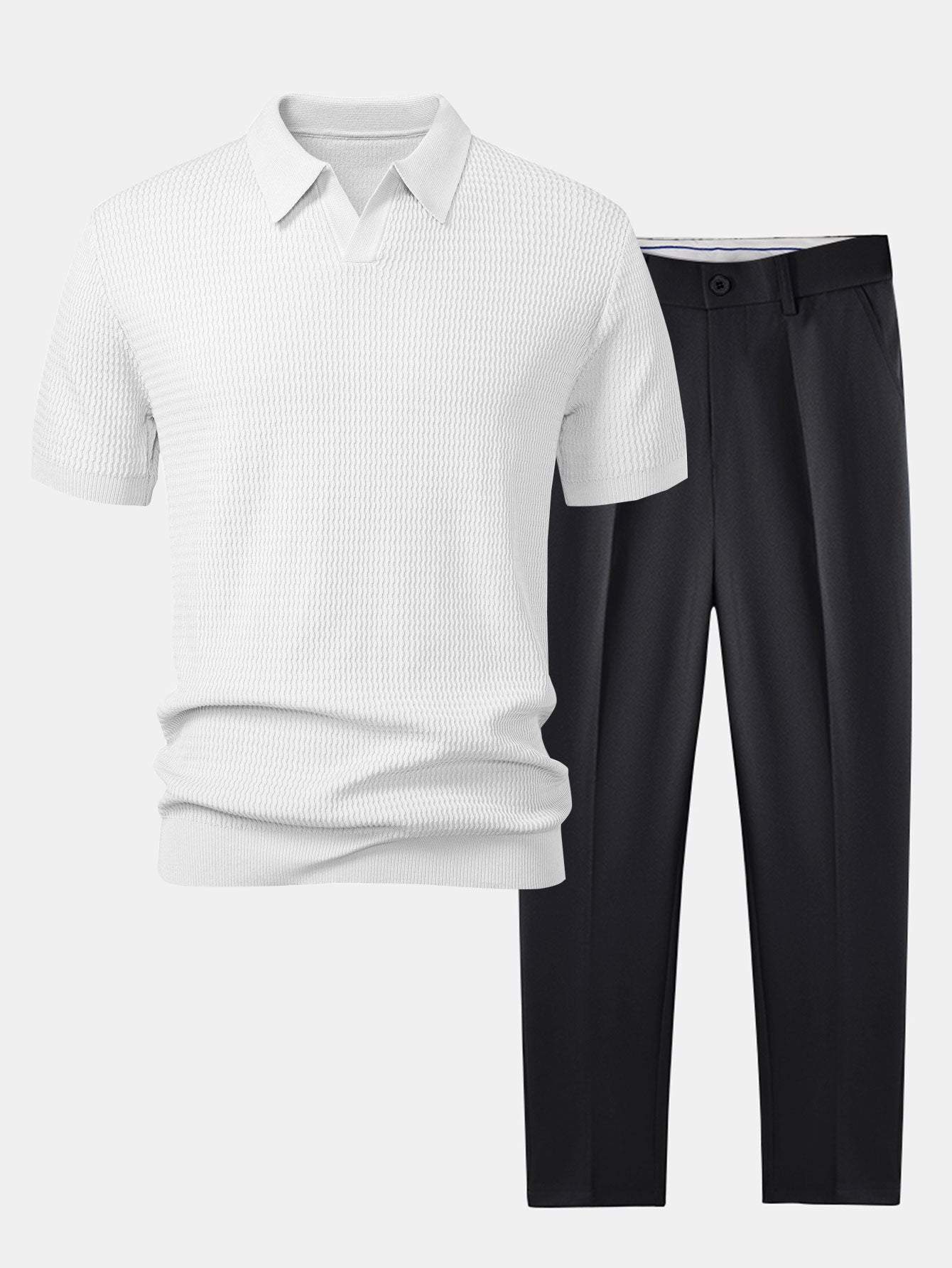 Wave Jacquard Knit V Neck Polo Shirt & Slim Fit Tapered Trousers — North Row | Back View