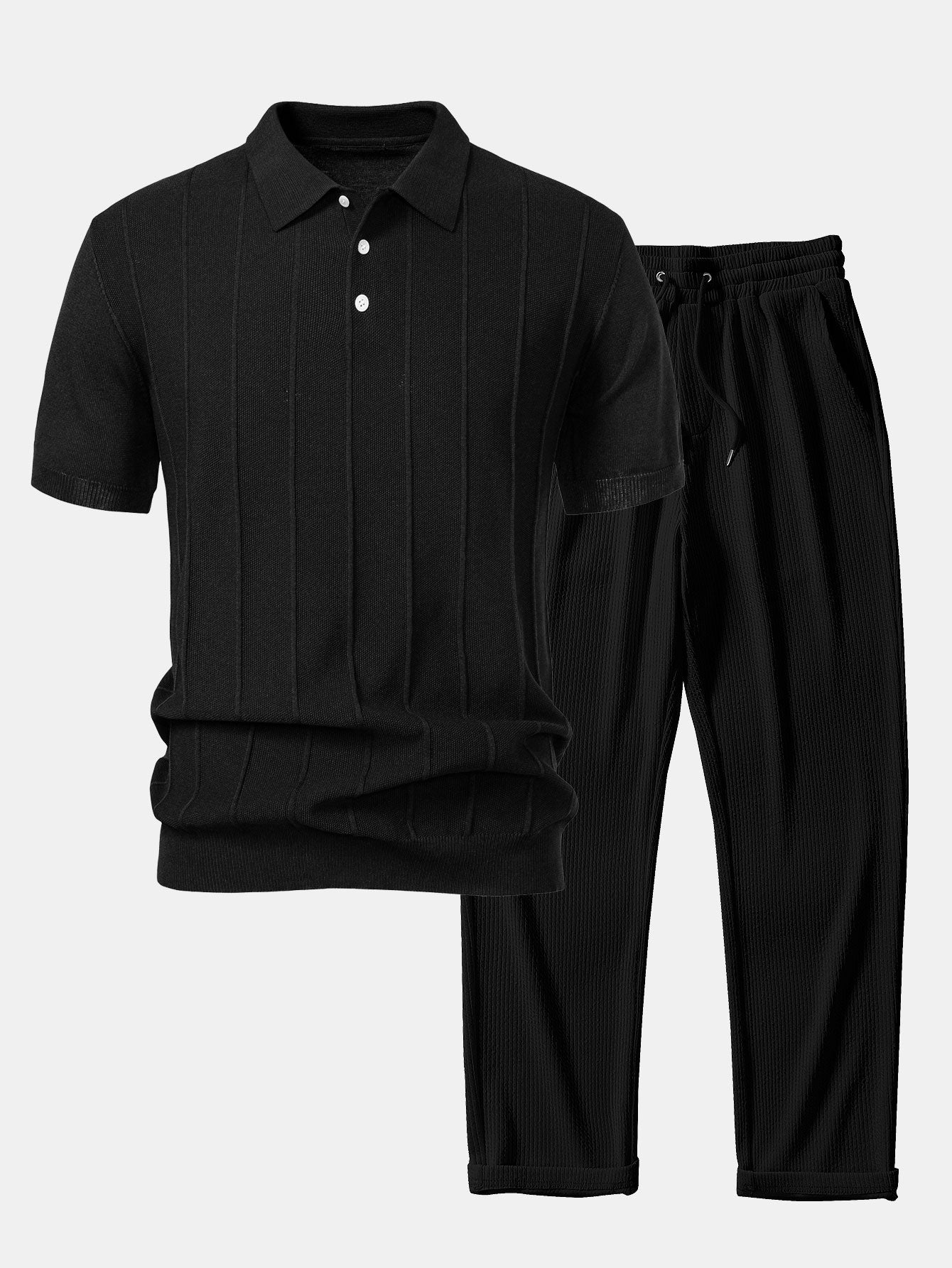 Stripe Jacquard Knit Polo Shirt & Straight Leg Ribbed Pants — North Row | Side View