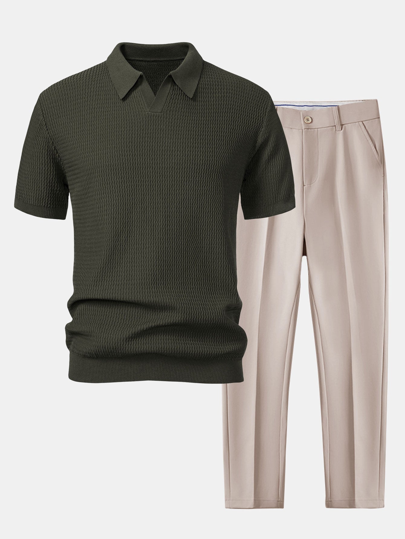 Wave Jacquard Knit V Neck Polo Shirt & Slim Fit Tapered Trousers — North Row | Lifestyle