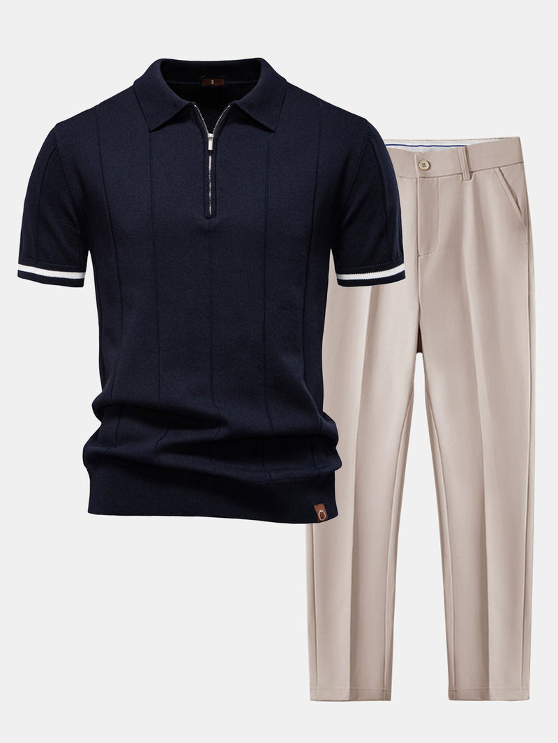 Contrast Trim Zipper Knit Polo Shirt & Slim Fit Tapered Trousers — North Row | Front View